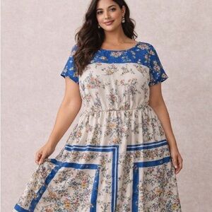 Modcloth 3X Cream and Blue Floral Midi Vintage Dress